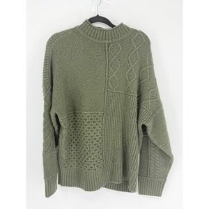 American Eagle Womens Olive Patchwork Cable Knit Sweater Boho Gorpcore Size M